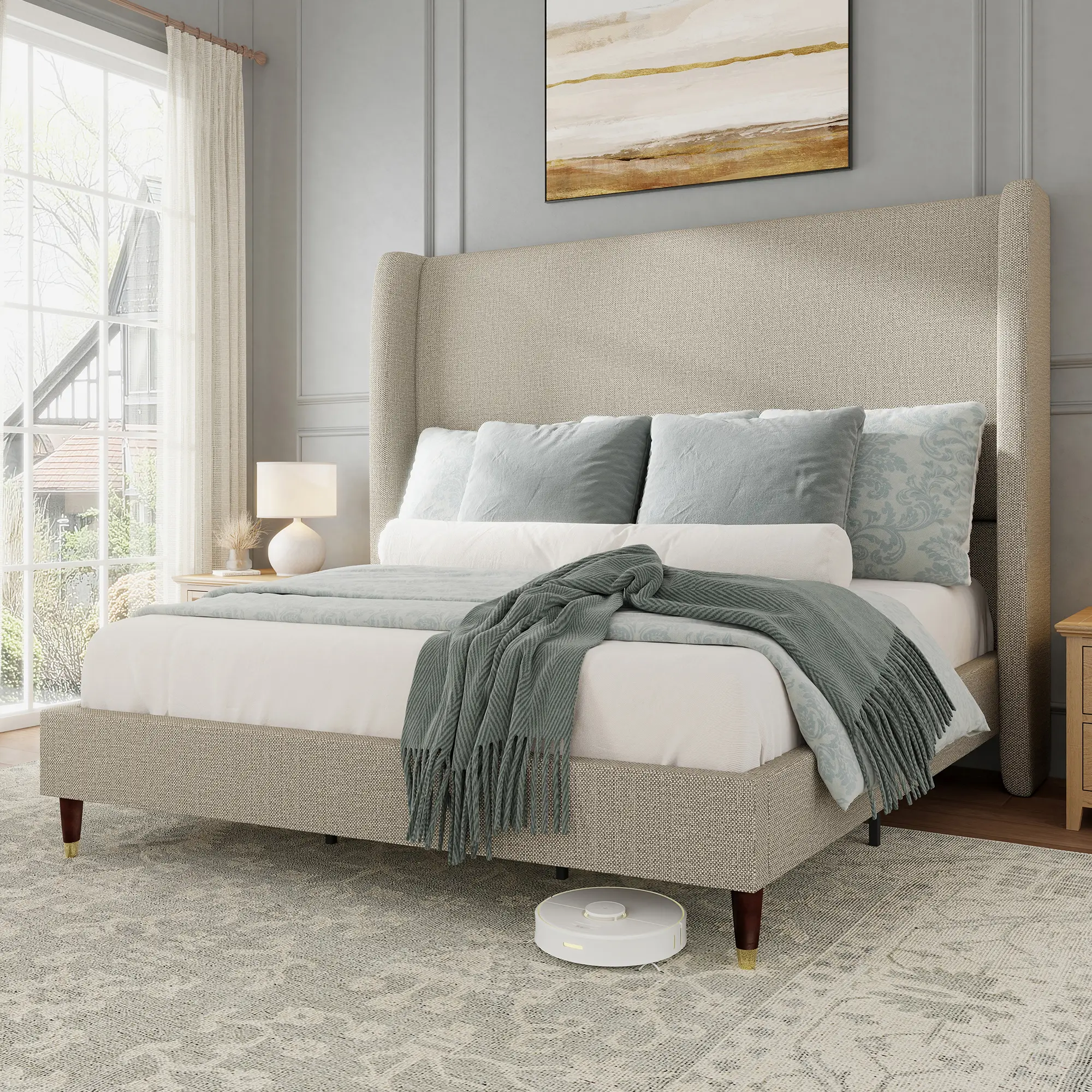 AMERLIFE Platform Bed Frame with 51.2" Tall Headboard, Upholstered Bed with Wingback/Solid Wood Legs/Durability/No Box Spring Required/Luxury Bedroom Furniture Design /Full/Queen/King Size/Best Gift Ideas/Christmas Gifts[tiktokshopbacktoschool][SohoChic]