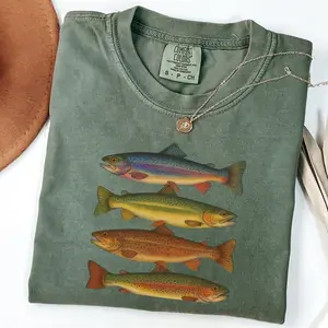 Comfort Colors Trout Fish T-Shirt – Vintage Rainbow Trout Fishing Design, Retro Fisherman Style, Gift For Fishing Lovers, Streetwear Style Unisex Fits Cotton Comfort Casual Shirt With Classic Outdoor Aesthetic For Everyday Wear