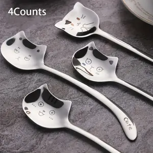 Cat Design Coffee Spoon, 4 Counts Stainless Steel Long Handle Spoon, Tea Spoon, Kitchenware, Kitchen Utensils for Home Use, Dinnerware Utensils, Gift for Friend