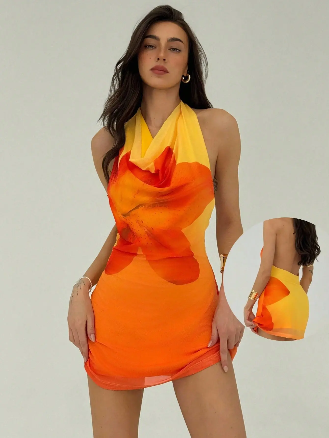 LOVEIU Orange And Yellow Flower Print Ombre Halter Neck Backless Mini Dress 70s Boho Tropical Elegant Sexy Tropical Beach Night Out Vacation Club