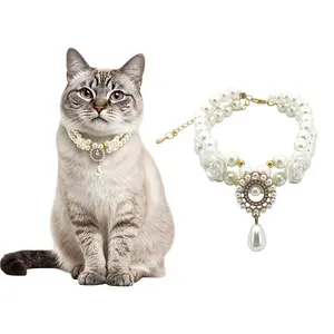 Pet Necklace Set, Pet Collar & Gemstone Design, Dual Layer Vintage Pearl Style, Suitable for Small Medium Cats Dogs, Daily Wear Festive Accessory