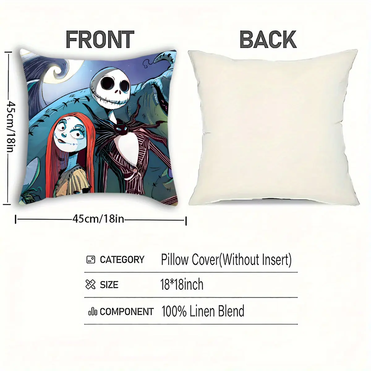 1PC The Nightmare Before Christmas Jack Skellington pillowcase, home simple cartoon pillowcase, decorative cushion cover, suitable for corridor living room bedroom decoration, single-sided printing, no inner core