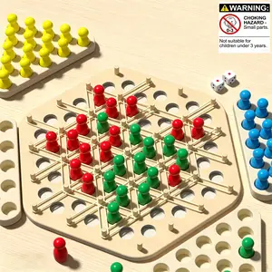 Wooden Logic Chain Triangle Chess Game, 1 Chessboard, 4 Triangle Trays, 60 Pieces Chess, 58 Rubber Bands, And 2 Dice, Family Multi-Person Interactive Thinking Toy. Holiday Party Celebration Gifts, Halloween, Christmas Gifts