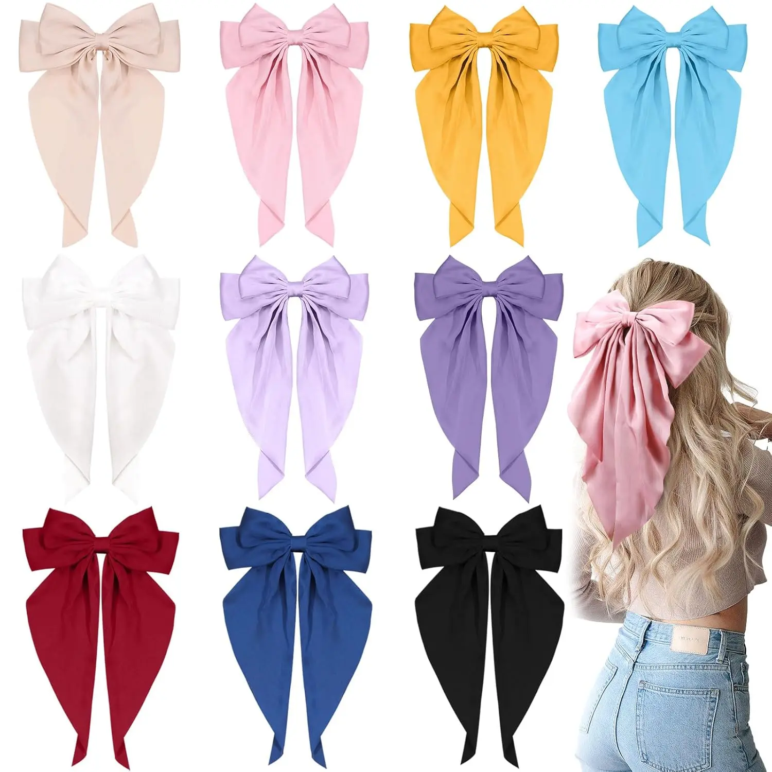 8 or 10 Pcs Big Bow Hair Clips for Women Girls Silky Satin Large Hair Bows Soft Long Tail Oversized Hair Ribbon Clips Bowknot Metal Spring Hair Barrettes