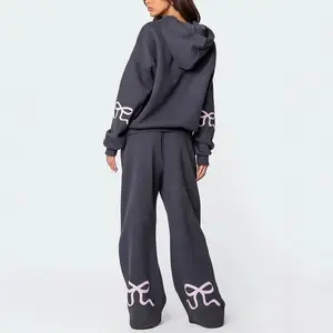Women's 2 Piece Outfits Bow Trim Print Hoodie Sweatsuit Sets Oversized Sweatshirt Wide Leg Sweatpants With PocketsGift