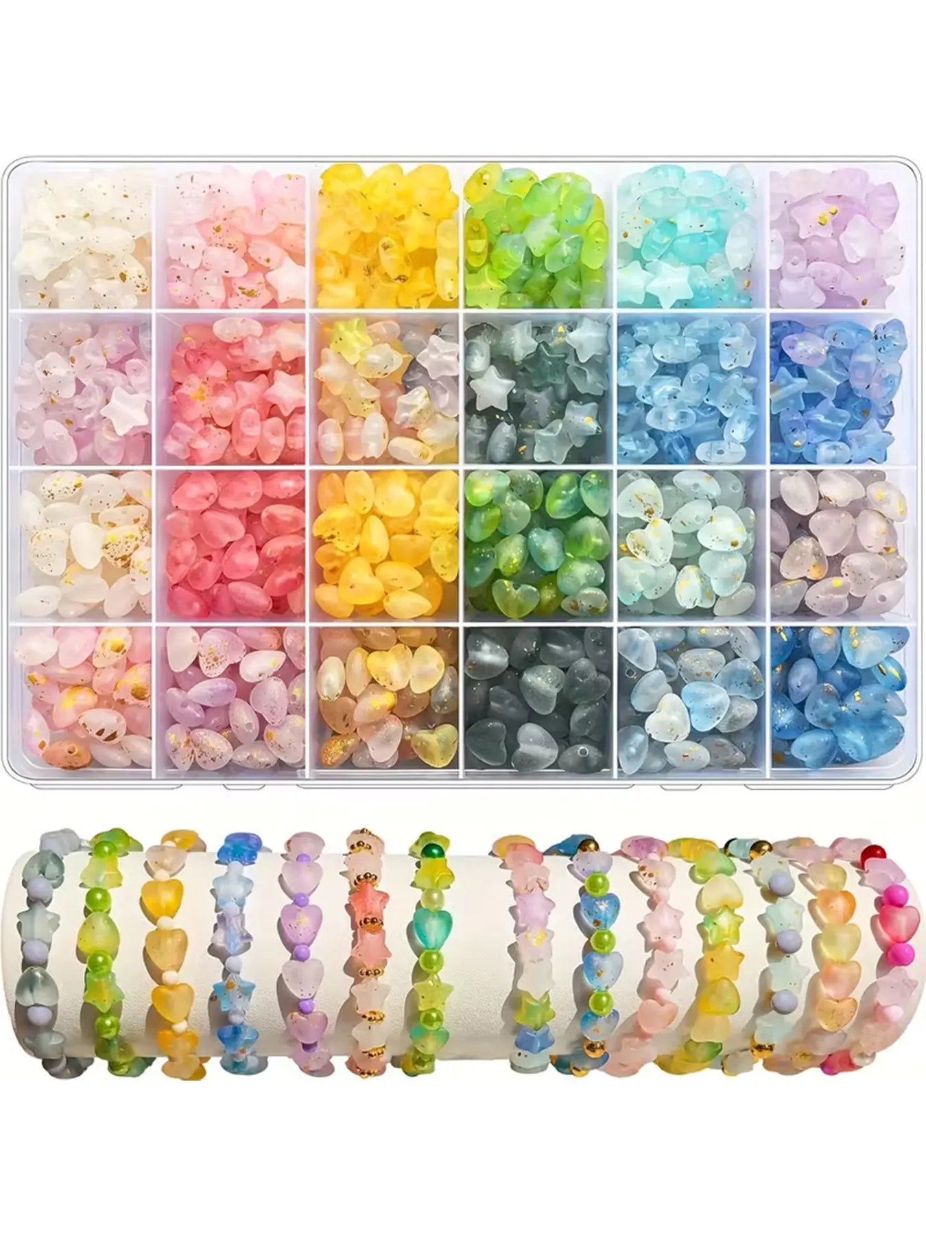 600 Pcs Star & Heart Bead Kit - DIY Jewelry Making Supplies with Acrylic Beads (Pink/Blue/Green), Beads Mix + Storage Box, Beads for crafts, Craft Materials for Friendship Bracelets, Necklaces, Earrings, Keychains, DIY Beading Accessories