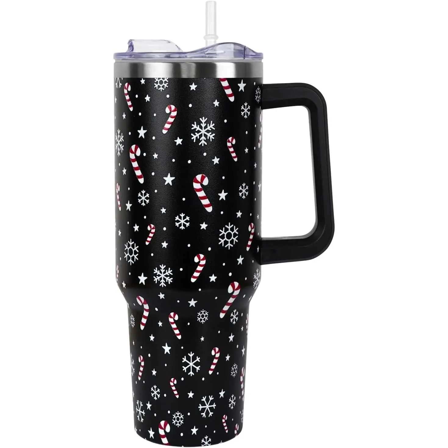 40 oz Portable Vacuum Insulated Leakproof Stainless Steel Tumbler Flask - Stainless Steel Drinkware with Handle, Straw Lid, Candy Cane & Snowflake Designs, Christmas Holiday Gift for Women, Winter Kitchenware Mug, Leakproof Tumbler