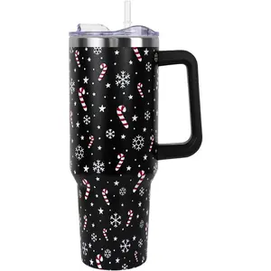 40 oz Portable Vacuum Insulated Leakproof Stainless Steel Tumbler Flask - Stainless Steel Drinkware with Handle, Straw Lid, Candy Cane & Snowflake Designs, Christmas Holiday Gift for Women, Winter Kitchenware Mug, Leakproof Tumbler