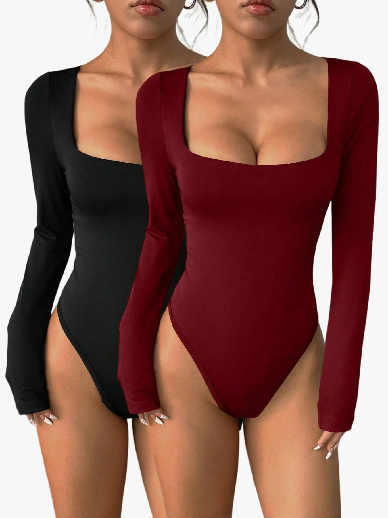 Women's Long-Sleeve Fitted Bodysuit 2-Piece Set, tailored to fit the body, simple yet versatile, casual, perfect for daily wear and office commuting.