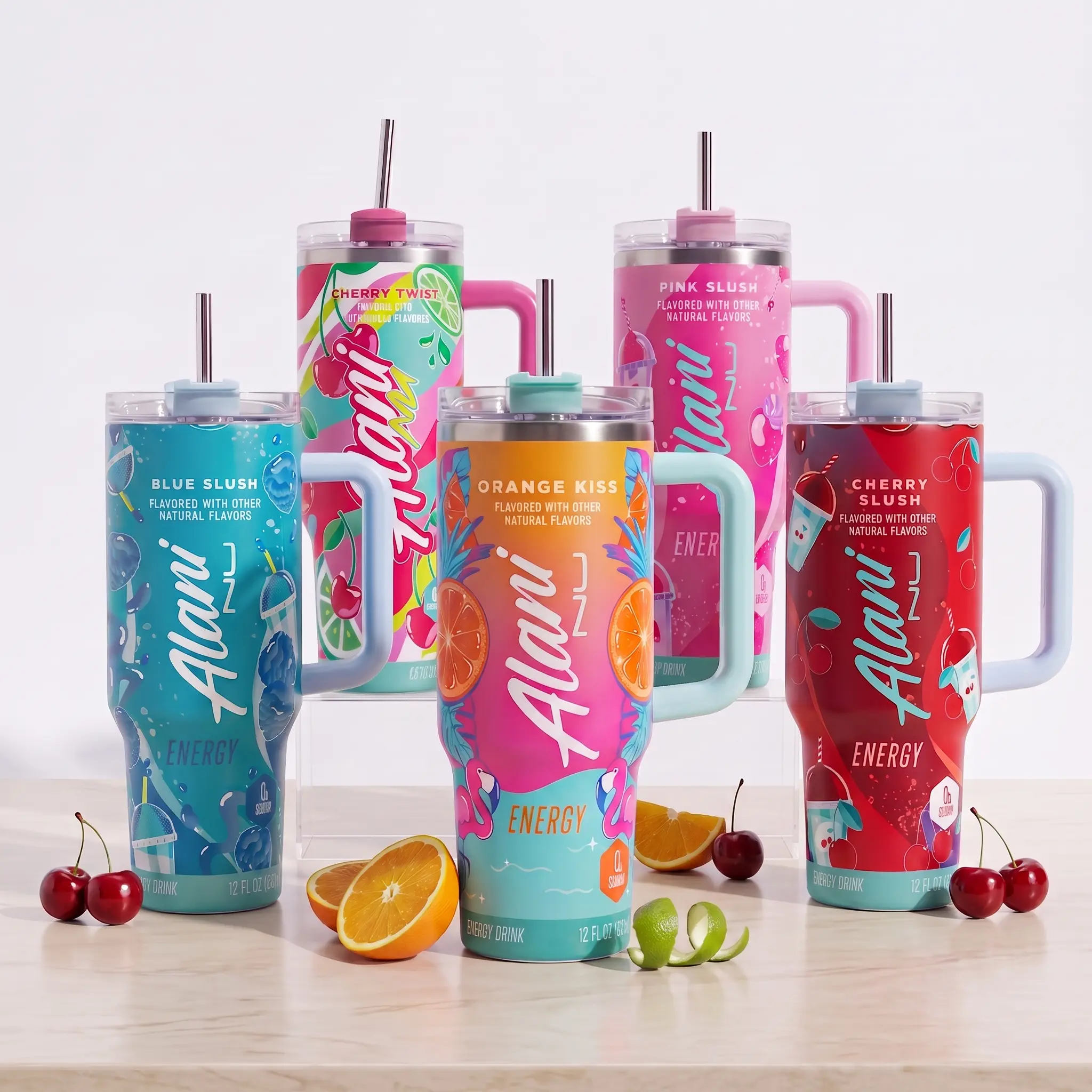 Alani Nu Travel Tumbler, COTTON CANDY, Energy Drink for Extreme Sports Athlete, Watermelon Wave, Strawberry Sunrise, Insulated Travel Mug With Straw Lid Portable Water Bottles Drinkware
