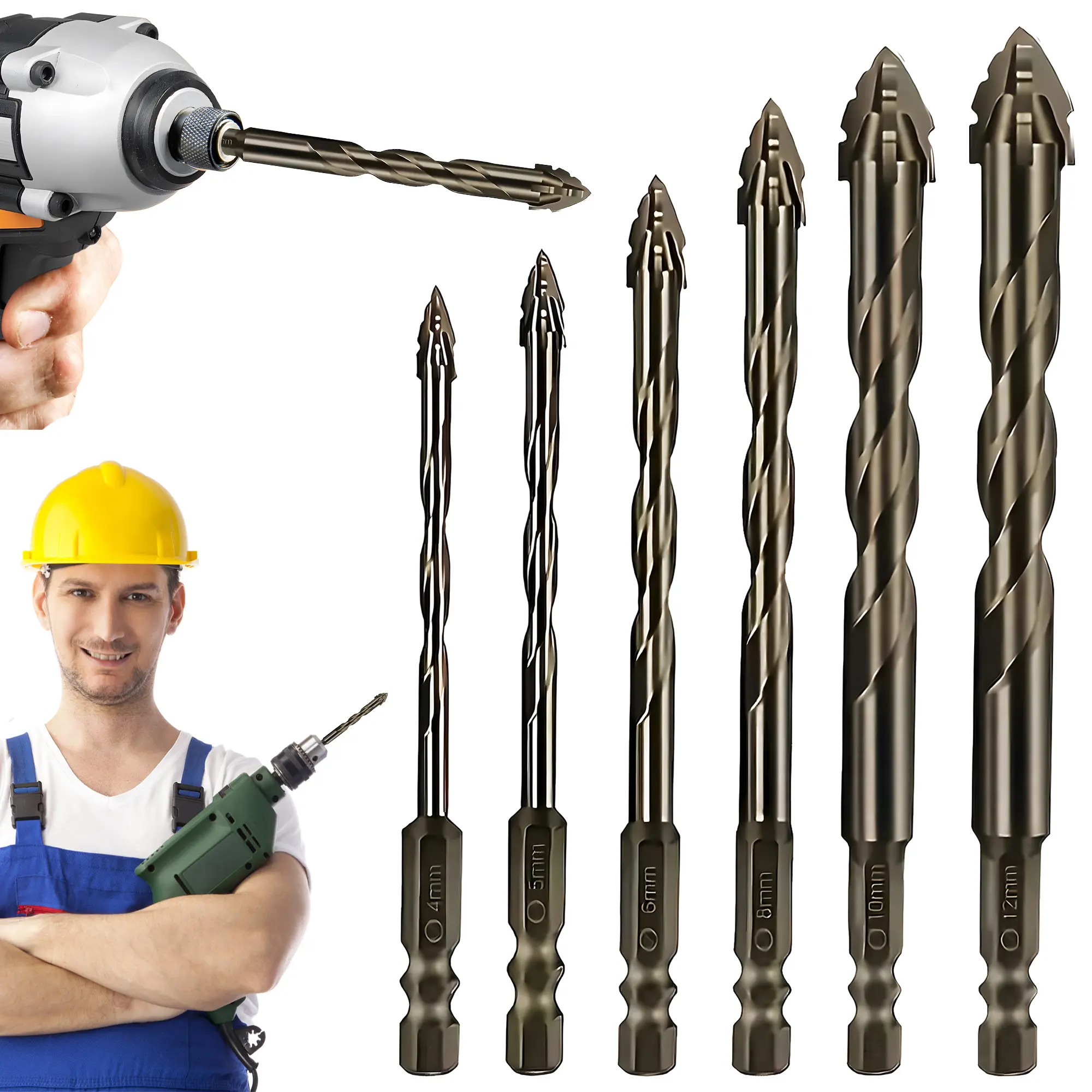 6pcs Quad Edge Sawtooth Drill Bit Set High-Magnetic Screwdriver Drill Bit Set for Metal Stone Glass Wood 4-12mm Sizes Quick Precise Drilling Anti-Slip Hexagonal Handle Supplier Warranty