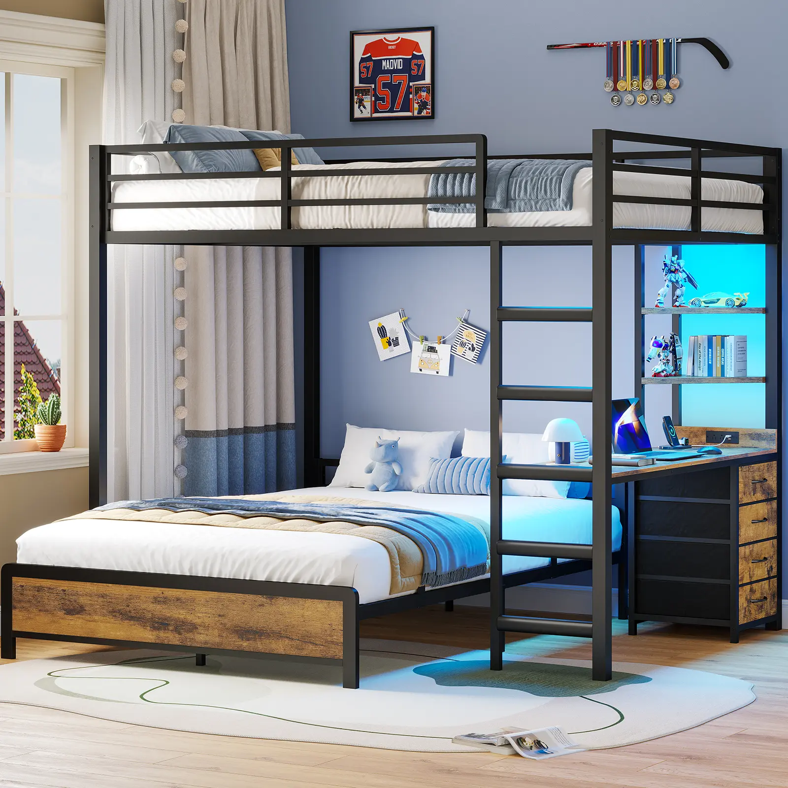 ADORNEVE Bunk Bed with Desk, Full Over Full Bunk Beds with Charging Station & Led Lights, 4 Storage Drawers & 2 Open Storage Shelves, Metal Loft Bed with Safety Guardrail & Ladder for Kids/Teen Bed Unit House Bunk Bed