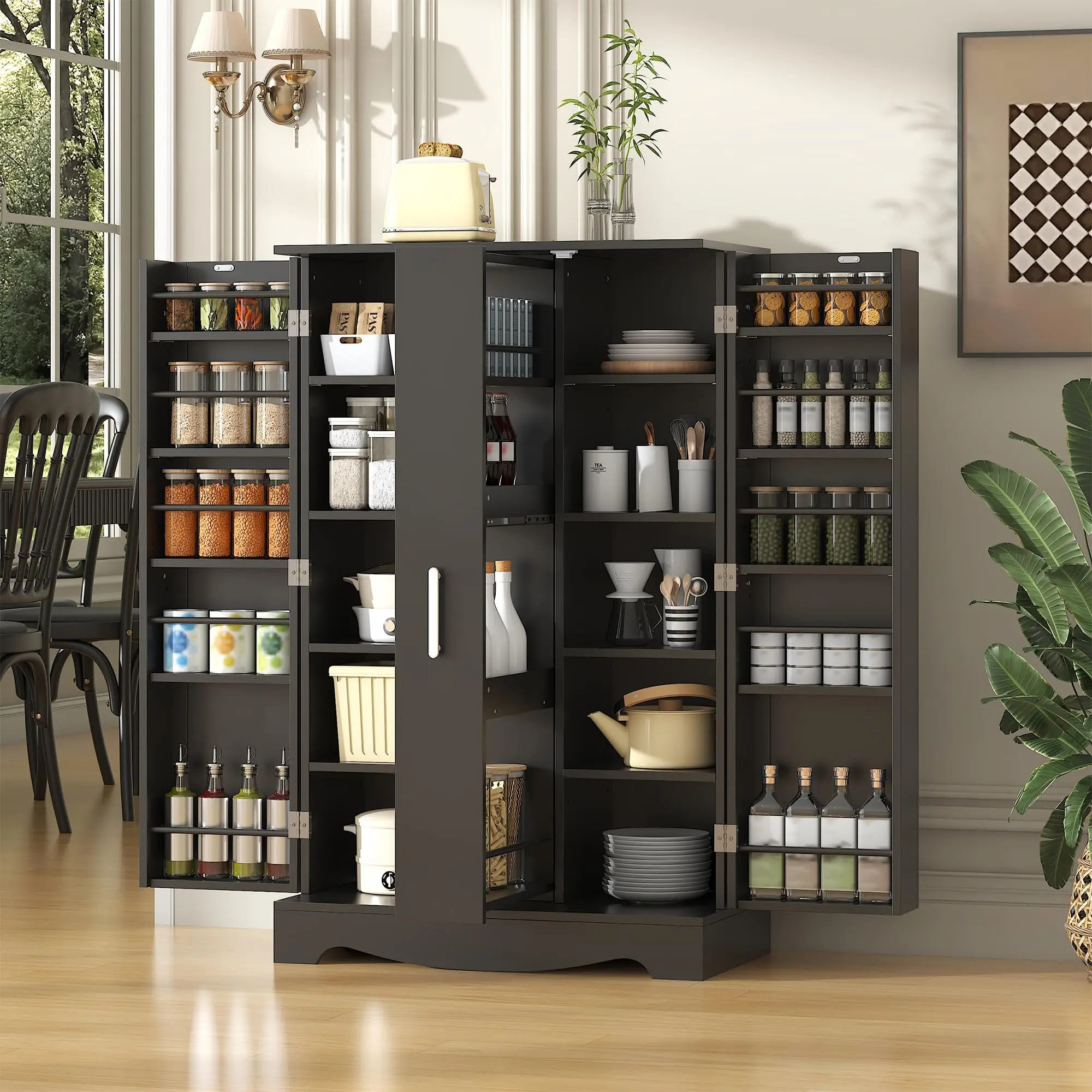47in Freestanding Modern Food Storage Cabinet - White Cupboards Cabinets with Drawer, Adjustable Shelves, Credenza for Home Office Use, Modern Storage Cabinet