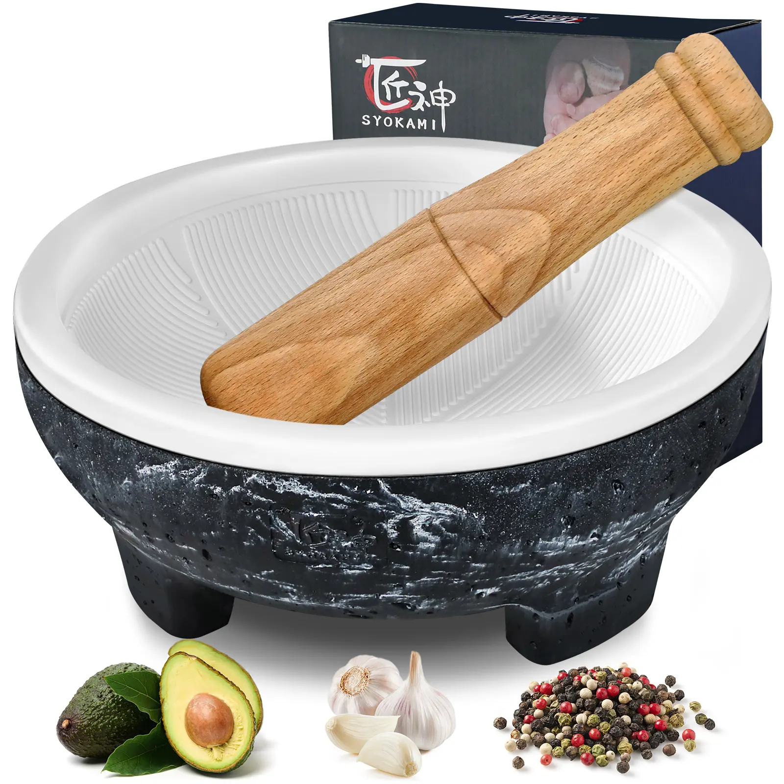 【DealsForYouDays】SYOKAMI Ceramic Mortar and Pestle Set - 2-Cup Capacity, Efficient Grind Ridges, Lightweight Ceramic Body, Non-Slip Base, Easy to Hold/Clean, Large Molcajete Mexicano, Kitchenware, Seasoning Utensil, Mother's Day Gift, Marble Look Gadget