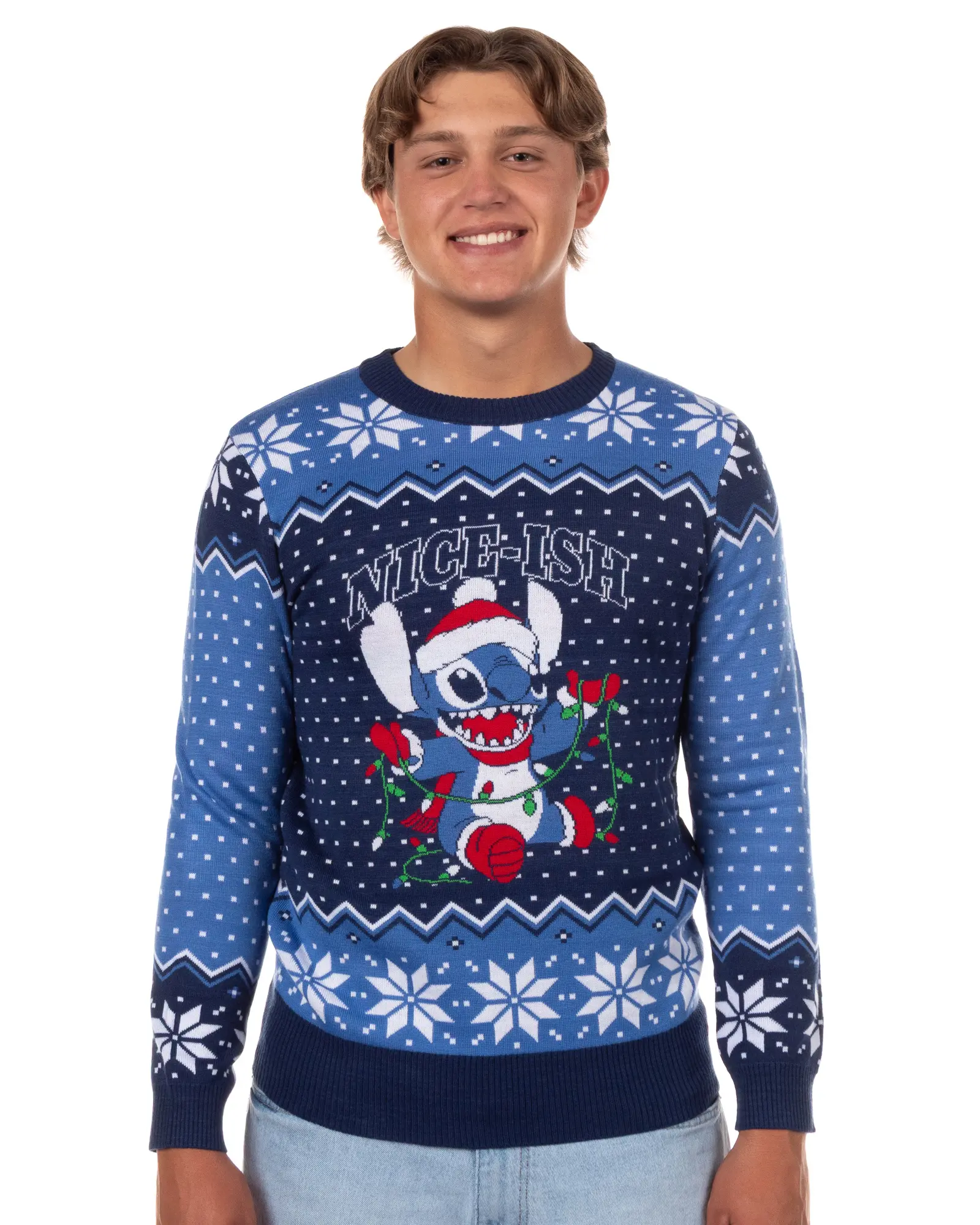 Disney Stitch Men's Nice-Ish Holiday Lights Pullover Ugly Christmas Crewneck Sweater