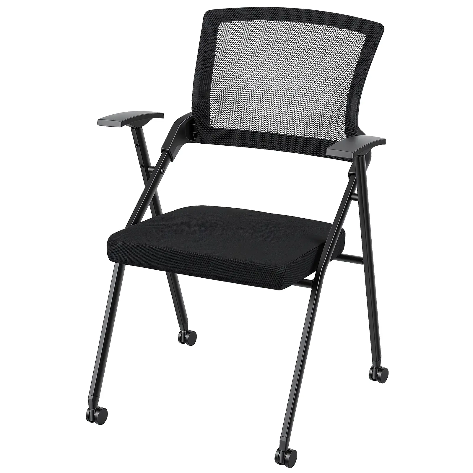 Foldable Office Chairs with PU Wheel, Armrest, Ergonomic Mesh Back, Stackable Conference Room Chair, Office Guest & Reception & Meeting Chair (Black)