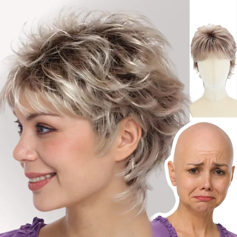 Short Curly Pixie Cut Synthetic Wig with Bangs Glueless Lightweight Heat short wispy cuts - TikTok Shop main image 3