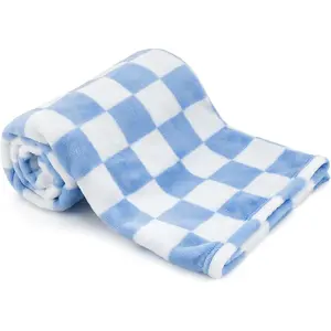 Plush Checkered  Blanket for Boys Girls , 30"*40" Warm Short Fleece Blanket Neutral for  , Small Fuzzy for Sleeping, Chenille  for  (Blue&White)