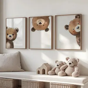 3pcs Bear Print Nursery Wall Art - Peeking Bear Posters Peekaboo Kids Room Decor Gift Printable Art Illustrations Woodland Animal Theme Home Decor Super Cute Decoration Artwork For Walls