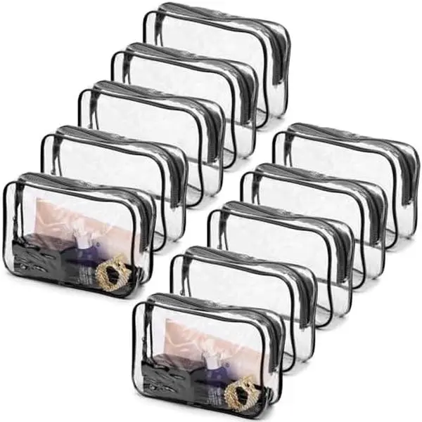 10 Pcs Clear Cosmetic Bags Small Makeup Bags Portable Waterproof Travel Toiletry Bags Organizer Black, 7.5"x 4.8"x 2.3"