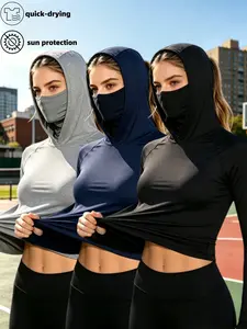 3-piece set of women’s high-elastic quick-dry hooded sweatshirt training outfit – breathable, moisture-absorbing, sweat-wicking fitted hooded top, suitable for gym, running, cycling, hiking, outdoor fitness, multi-season versatile hooded jacket.