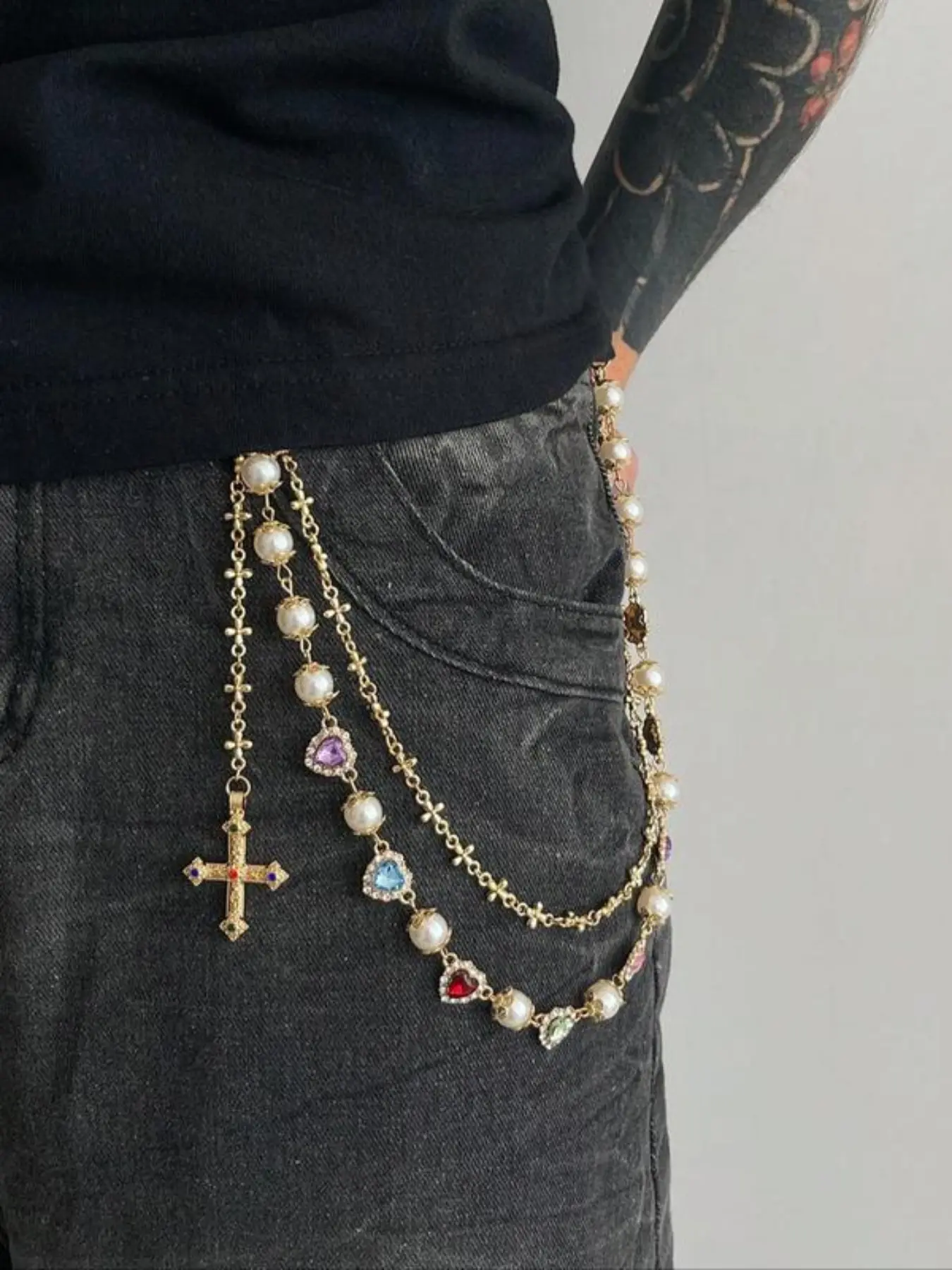 1PC colored rhinestone cross pants chain, elegant fashion chain, body jewelry, high-end hip-hop belt pants chain for boys, pants decoration, Maximalist Jewelry, Vintage Body Jewelry, Bling Chain, Body Jewellery