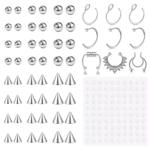 Fake Eyebrow Ring Fake Lip Labret Studs Replacement Balls Spike with 100Pcs Sticker Non-Piercing Nose Rings Hoop Body Jewelry Skin 3MM 4MM 5MM(Silver)