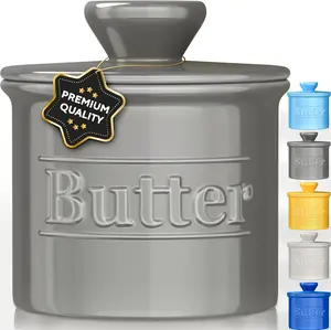 Premium Butter Crock with Lid - Original Design French Butter Dish - Beautiful Ceramic Butter Keeper for Counter with Water Line - Perfect to Keep Butter Soft and Spreadable, Gray