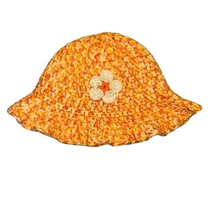 Handmade Crochet Bucket Hat - Orange Color, Floral Design, Soft Fabric, Ideal for Sun Protection