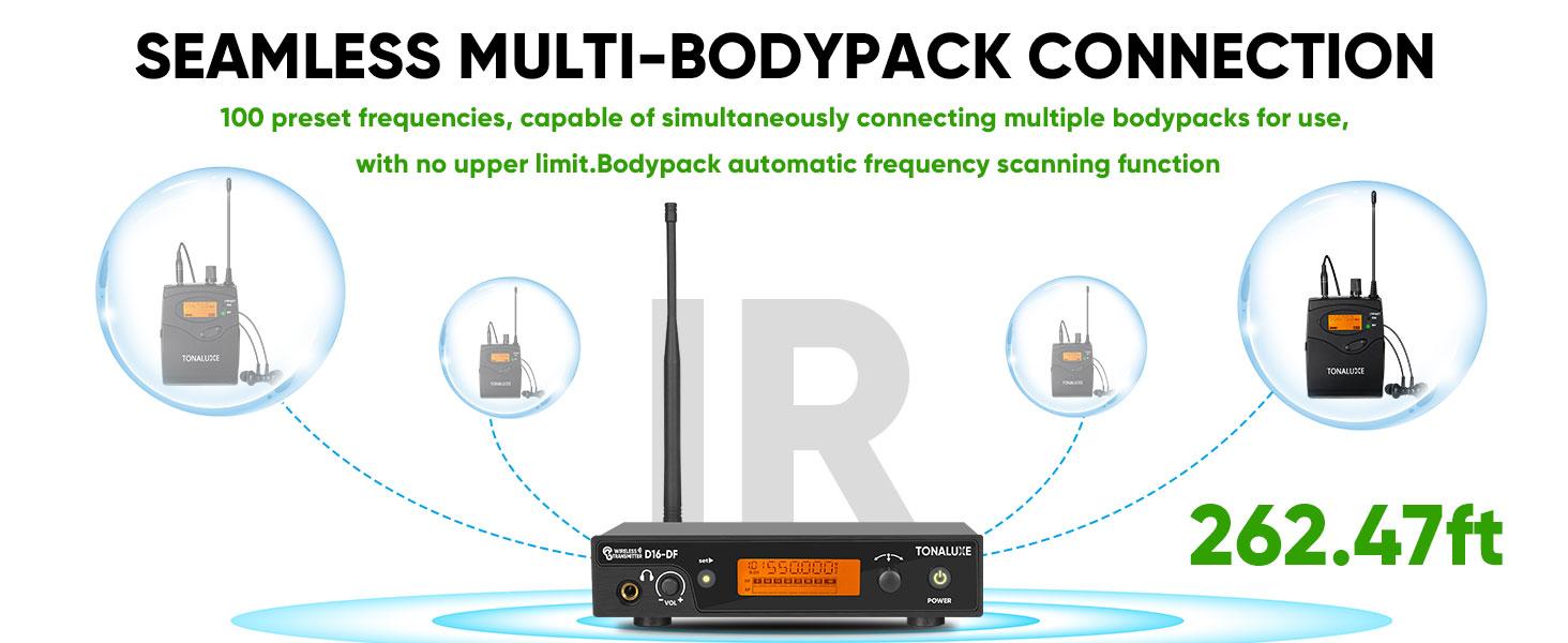 Professional IEM Wireless In Ear Monitor System 4 Pack - 100CH UHF Metal Rackmount Transmitter, 262ft Range, Stereo Mono Switch, for Live Band Church Stage Performance