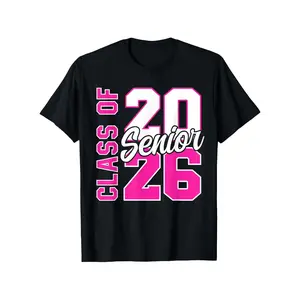 Unisex Oversized Cotton Class of 2026 Senior T-Shirt - Breathable, Casual, Round Neck, Black with 26 Graduation Number, Pink & White Slogan, Loose Fit Streetwear for Graduation Gifts, Prom (Parents)
