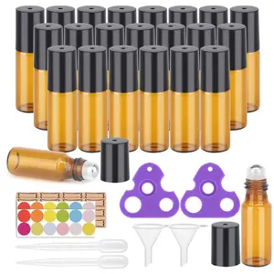 Essential Oil Roller Bottles, 24 Pack  Glass Balls Roller Bottles 5ml for Essential Oils, Roll on Bottle (96 Pieces Labels, 4 Funnels, 4 Dropper, 2 Opener)
