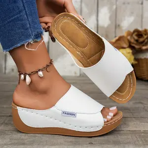 Women's Comfortable Arch Support Slide Sandals - Breathable, Stylish, Soft Sole, Mid-Heel, Open Toe With Faux Cover Straps - For Casual Attire In Maroon, Black, White, Blue, And Brown, Ladies Sandals