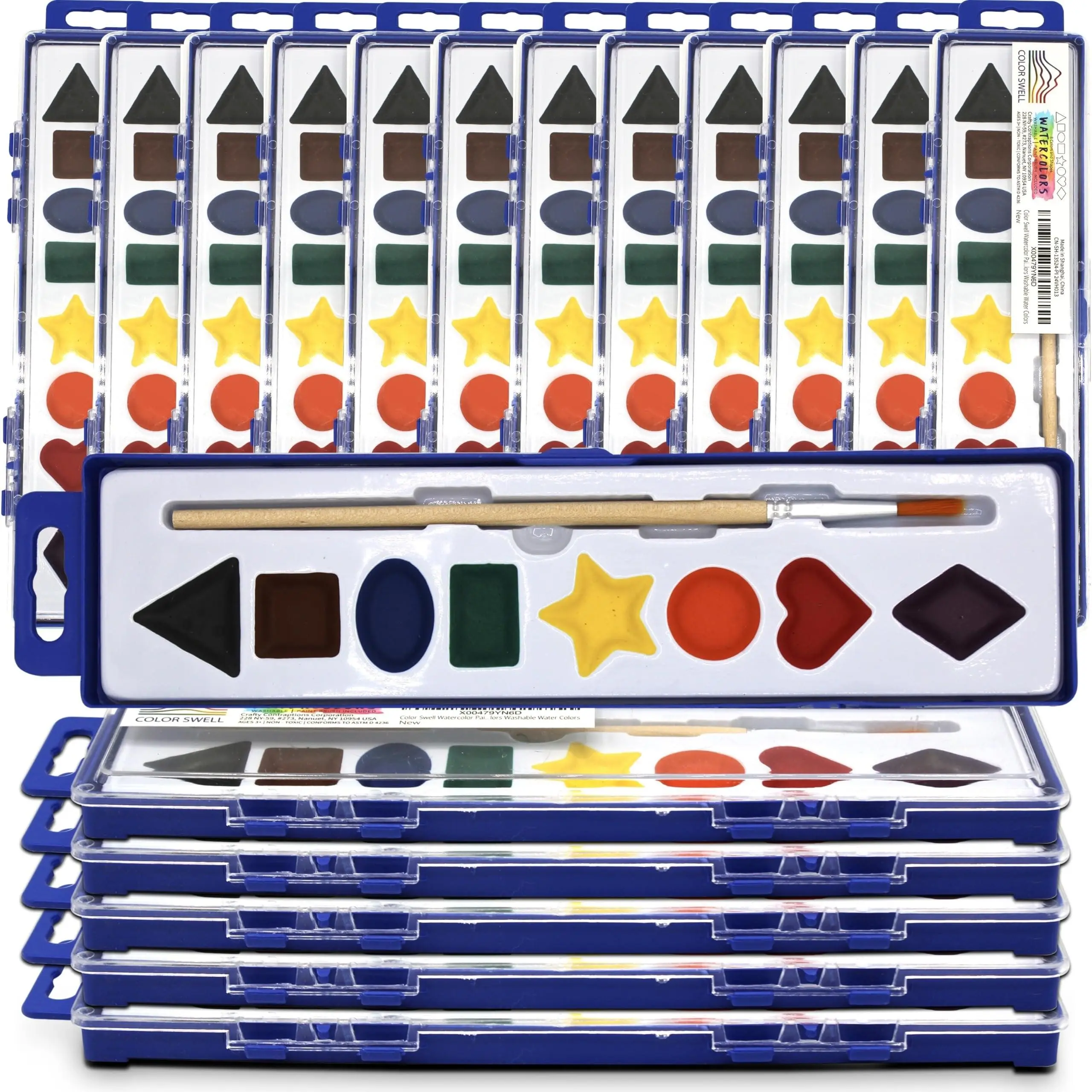 Color Swell Bulk Watercolor Paint Set – 18-Pack with 8 Washable Colors & Shape Learning Tools – Includes Strong Wood Brushes for Kids Home School , Excellent Gifts  for Birthday, Halloween, Christmas Gift.