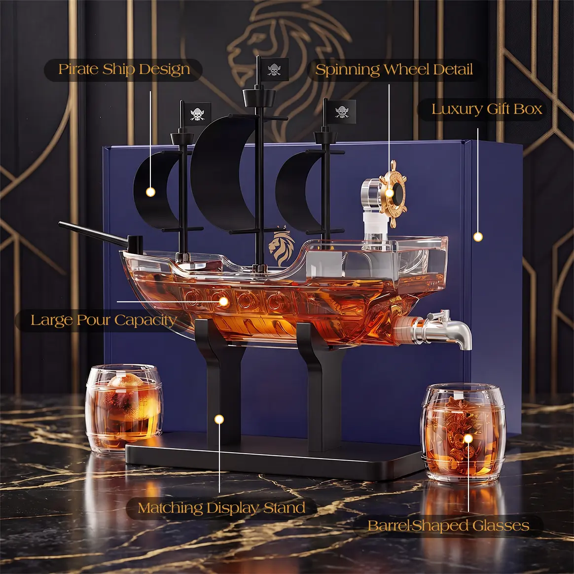 Pirate Ship Whiskey Decanter Set with Luxury Gift Box,Man Cave Bar Accessories,2 Matching Bottles,Present for Men,Dad,Husband,Boyfriend,Home Bar Dispenser,Funny Gifts for Anniversary,Sailor&Captain Enthusiasts,Empty Decanter,No Alcohol Included,sohochic