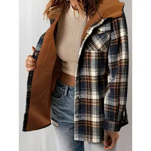 Women's Plaid Fleece Jacket - Cozy Hooded Winter Coat with Button Front, Long Sleeves, and Flap Pockets, Light Green & White Checkered Pattern, Casual Style for Fall/Winter, Winter Coat