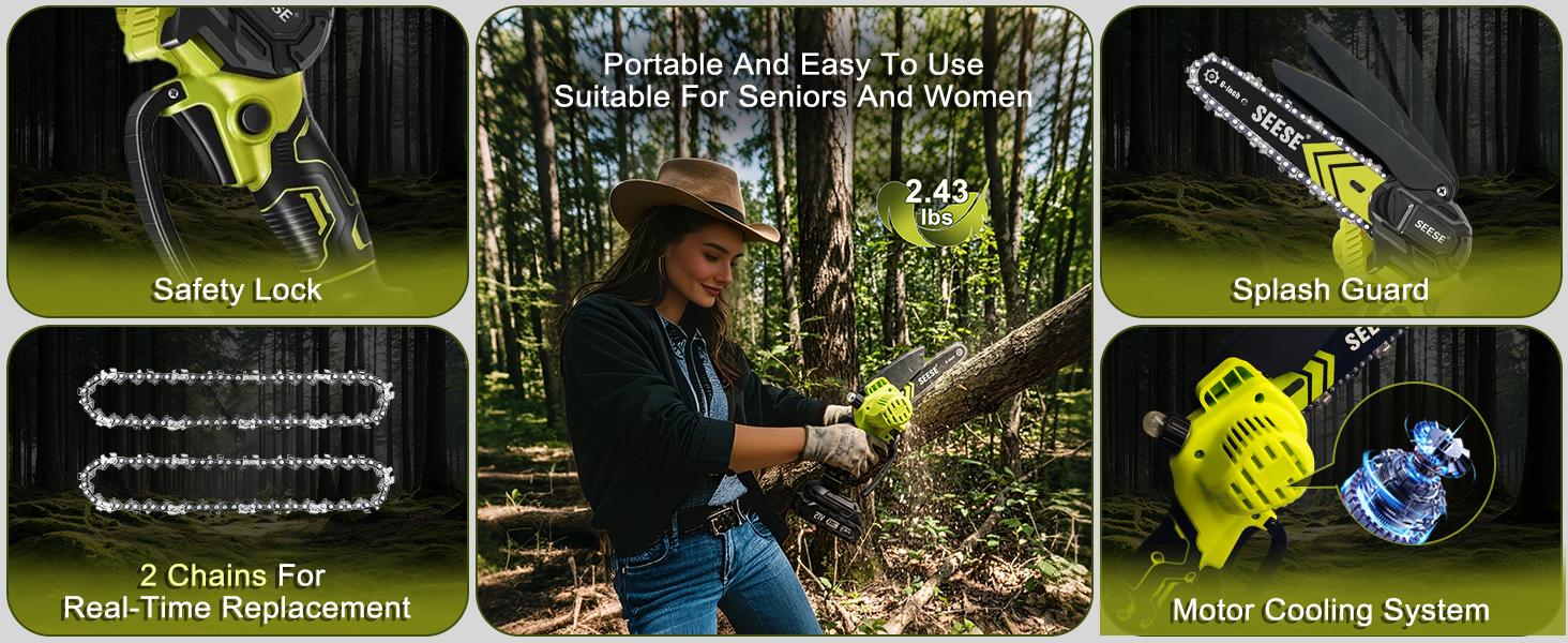 【FathersDayGift】SEESE 6-Inch Brushless Mini Chainsaw with Oil System – Cordless Electric Saw for Wood Cutting, Pruning & Gardening | Lightweight & Easy Use