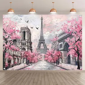 1pc Polyester Artistic Print Photography Background - 2D Flat Watercolor-Oil Spring Cherry Blossoms Paris Street Eiffel Tower Pigeon Cityscape Canvas, Romantic Blush Pink Flowers for Bride Proposal & Decoration