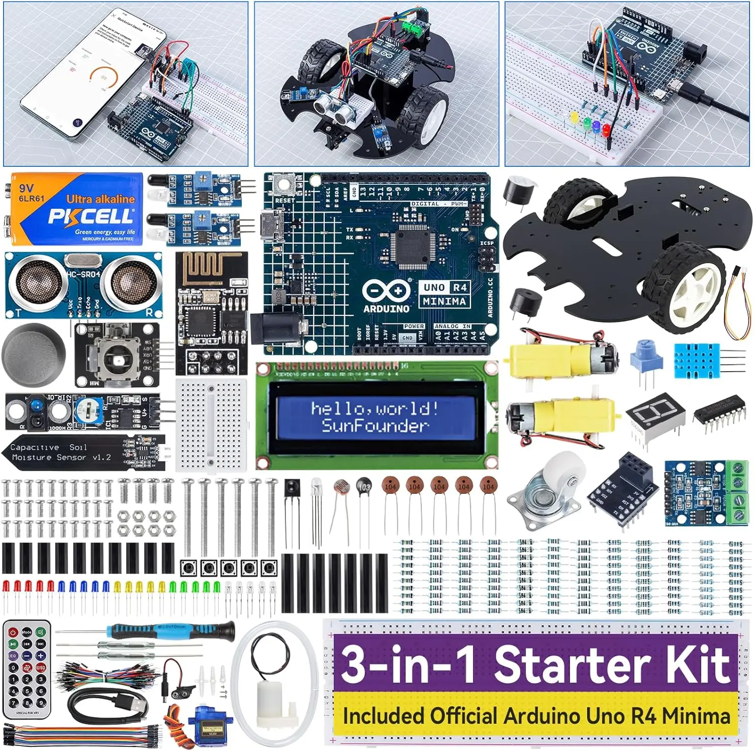 SunFounder 3-in-1 Learning Kit with Original Arduino Uno R4 Minima, ESP8266 WiFi Module, Battery, 50+ Step-by-Step Tutorials, IoT & Smart Car Projects, RoHS Compliant for Beginners