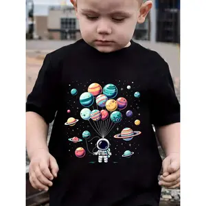 Stylish & Comfy Boys T-Shirt – Space Astronaut Planet Print, Regular Fit, Short Sleeve Round Neck, Everyday Casual Top for Little Explorers