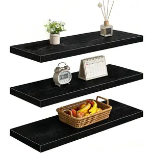 Black Floating Shelves, 47.2 in W x 9.3 in D Wall Mounted Wood Shelves with Invisible Brackets Set of 3, Hanging Wall Shelves Decoration for Bedroom, Bathroom, Living Room and Kitchen