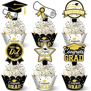 48 Pieces 2025 Graduation Cupcake Toppers| Wrappers Congrats Grad Cake Decorations Adjustable Grad Cap Diploma Cake Wrappers Toppers| Class of 2025 Grad Graduation Party Supplies(Black Gold)