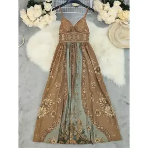 2026 New Autumn Court Print High Slit Maxi Dress, Bohemian Style Spaghetti Strap Maxi Dress, Elegant Ethnic Style Long Gown Formal Womenswear