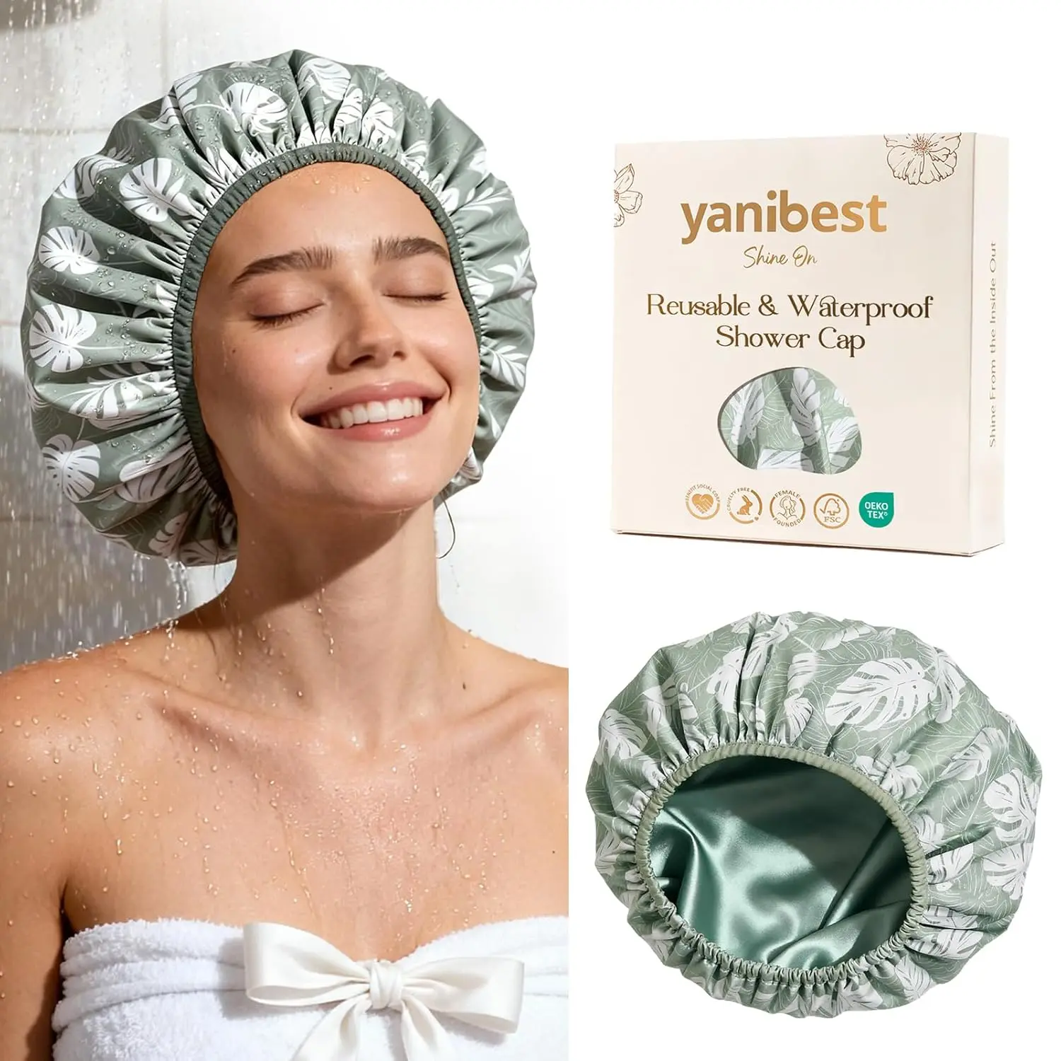 YANIBEST Satin Lined Shower Cap for Women, Reusable Waterproof Double Layer Hair Cover, Extra Large for Long Hair & Braids, Self Care Products, Chic, Long Hair Users