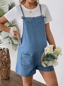 DANLIEN Maternity Spaghetti Strap Pocket Simple Denim Shorts Casual Everyday Wear