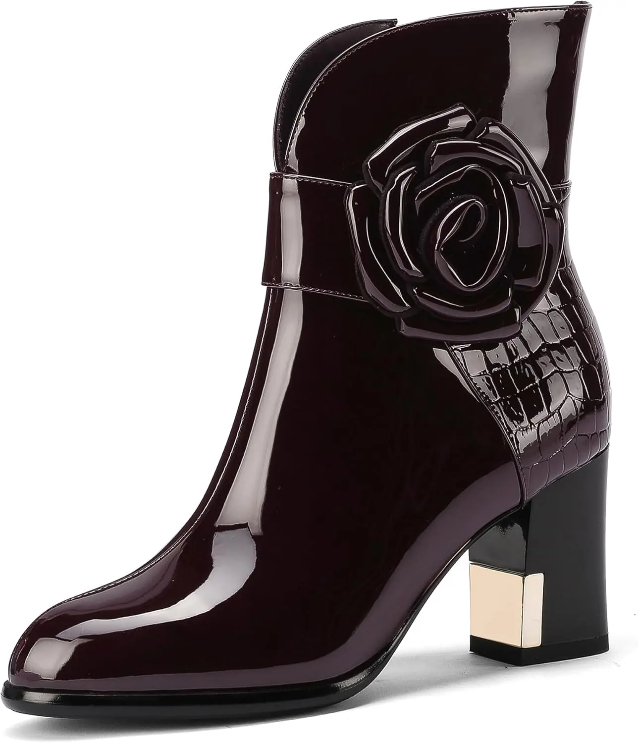 Women's Western Gladiator Ankle Boots - Winter Warm Lined Extra Wide Calf, Chunky Block High Heel, Cow Hide Patent Leather, Shoe Footwear for Dress Combat Cowgirl Styles (003, 004), Solid
