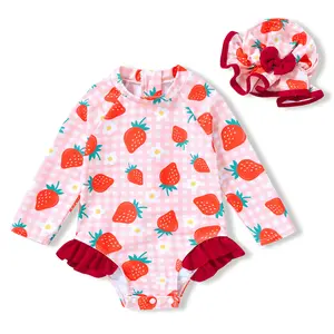 One-piece long-sleeve UV-protection swimsuit for baby girls with hat, floral or leopard print, zip closure