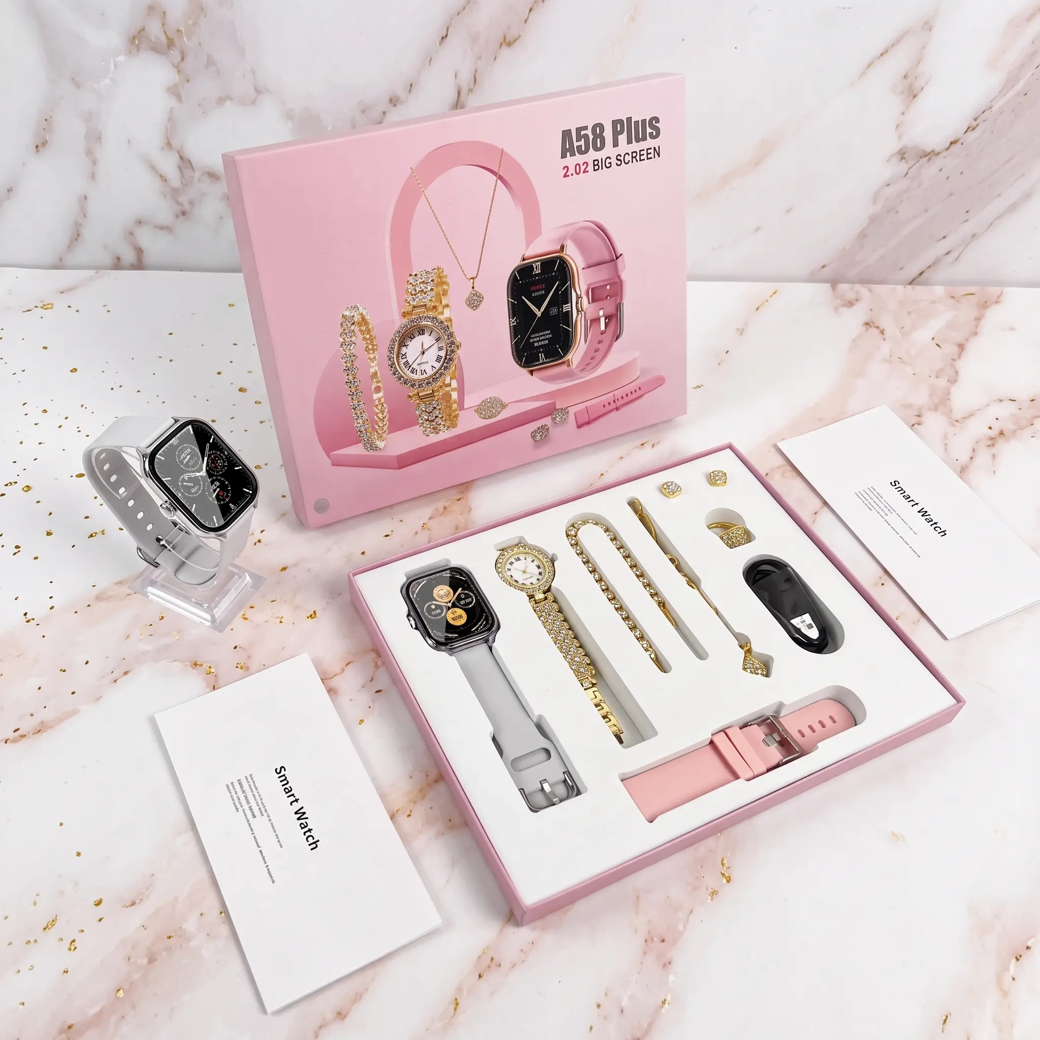 8-in-1 Women's Luxury Smart Watch Gift Set, Touchscreen Watch with 2 Interchangeable Bands, Matching Ring & Earrings, Fashion Jewelry Gift for Women