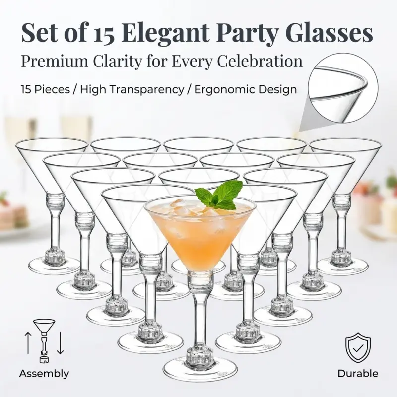 15 detachable clear plastic martini glasses, reusable and stackable, perfect for party, bar, and wedding drinks service, Drinking Glasses, Transparent