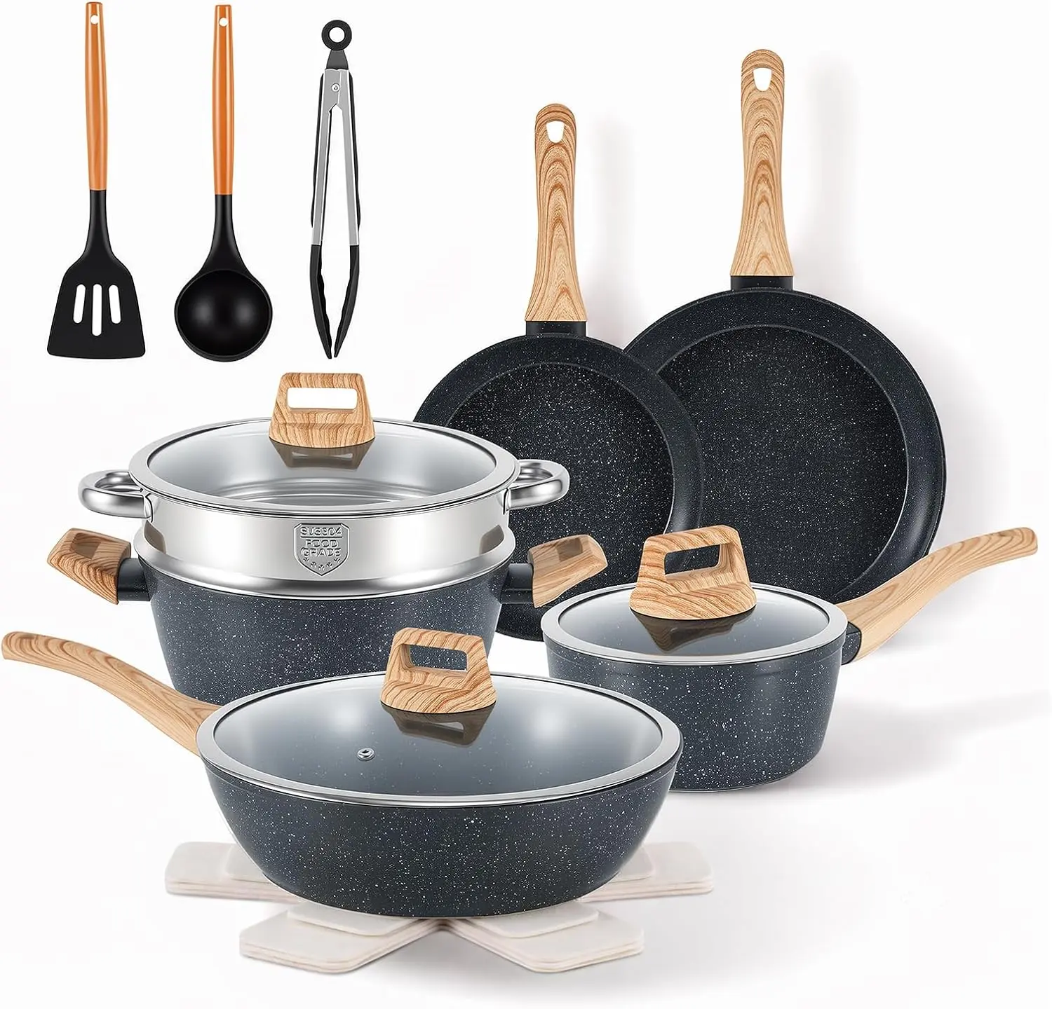 16PCS Pots and Pans Set Non Stick Cookware JueGo De Ollas Para Cocina | Beautiful Great Value Food Cooks Evenly Cleans Easily With Frying Pan